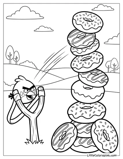 Angry Bird Launching into a Stack of Donuts Coloring Page