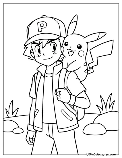 Ash and Pikachu Walking in Nature Coloring Page