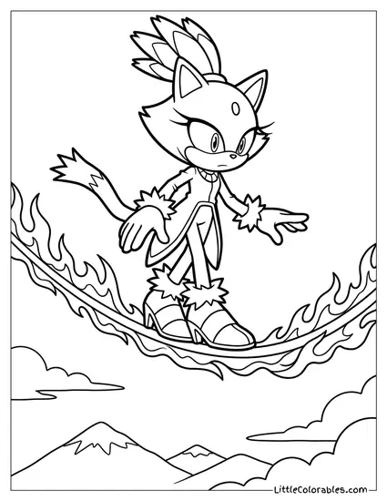 Blaze the Cat Balancing on a Narrow Fiery Rail Coloring Page