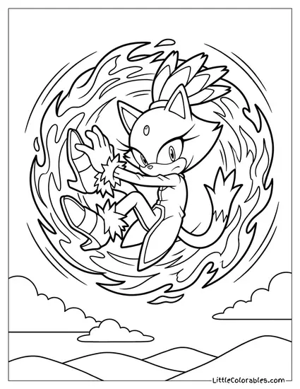 Blaze the Cat Curling into a Flaming Spinning Ball Coloring Page