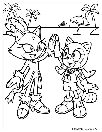 Blaze the Cat High Fiving Marine the Raccoon Coloring Page