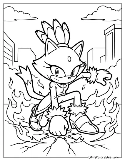 Blaze the Cat Landing Heavily in a Superhero Pose Coloring Page