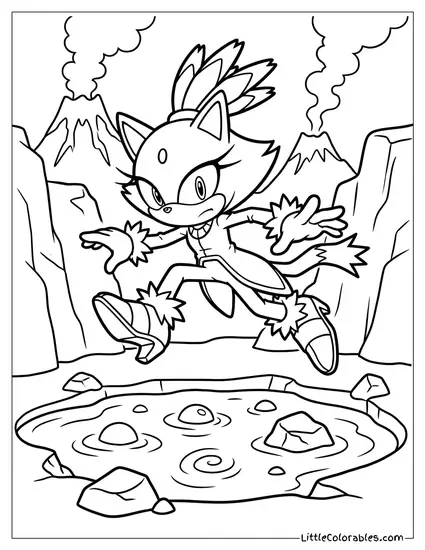 Blaze the Cat Leaping Over a Large Pool of Lava Coloring Page