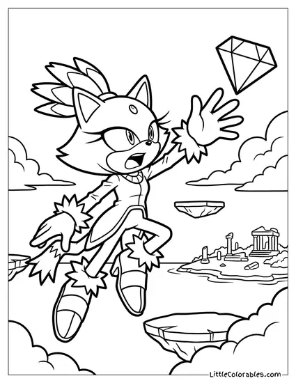 Blaze the Cat Reaching Out to Grab a Falling Sol Emerald Coloring Page