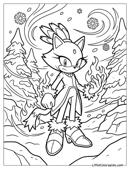 Blaze the Cat Standing Bravely Against a Massive Blizzard Coloring Page
