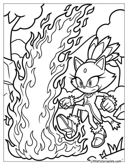 Blaze the Cat Stomping Her Foot to Create Wall of Fire Coloring Page