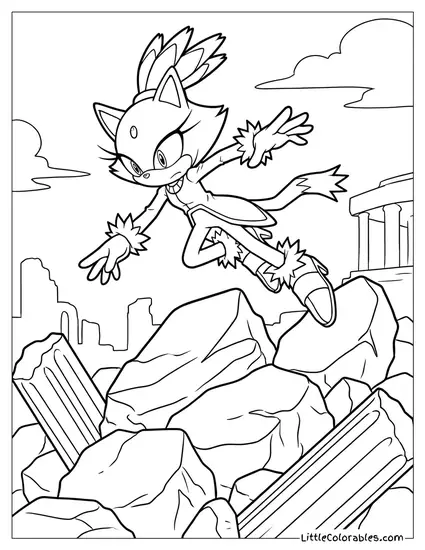 Blaze the Cat Vaulting Over a Large Piece of Rubble Coloring Page