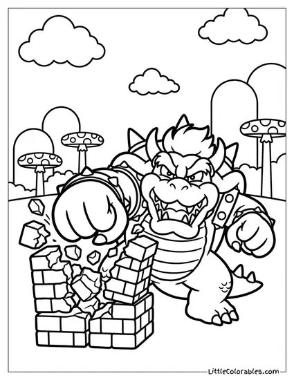 Bowser Breaking A Brick Block Coloring Page