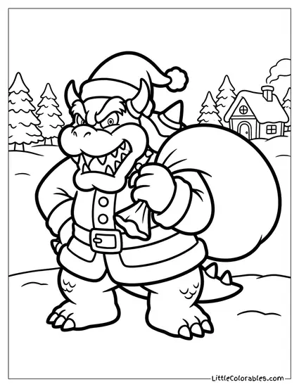 Bowser Dressed As Santa Claus Holding A Sack Coloring Page