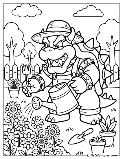 Bowser Gardening And Watering Flowers Coloring Page