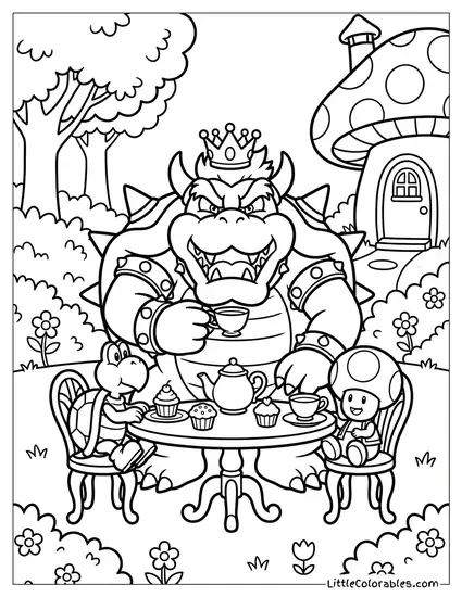 Bowser Having A Dainty Tea Party Coloring Page