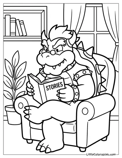 Bowser Wearing Reading Glasses And Reading A Book Coloring Page