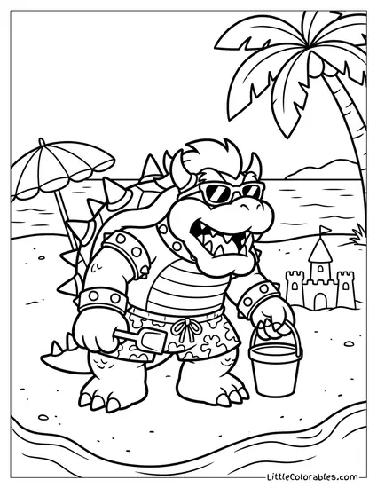 Bowser Wearing Swim Trunks At The Beach Coloring Page