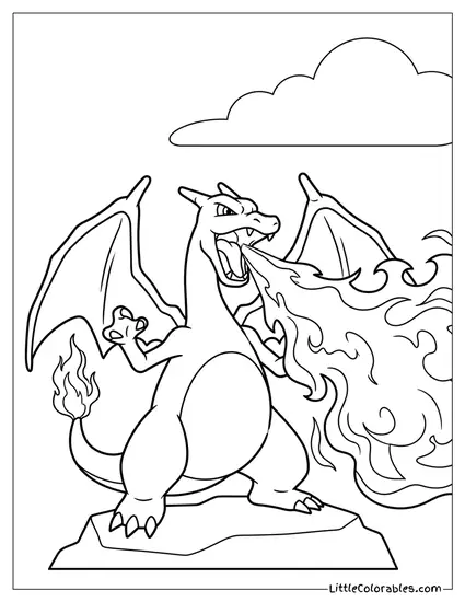 Charizard Breathing Fire on Rocks Coloring Page