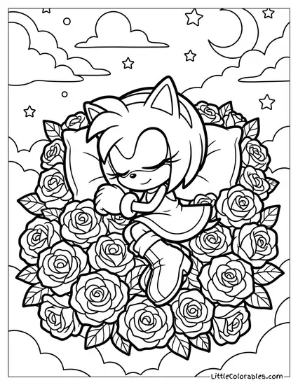 Chibi Amy Rose Sleeping in a Bed of Roses Coloring Page