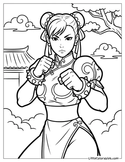 Chun-Li in a Determined Fighting Stance with Her Fists Clenched Tight Coloring Page