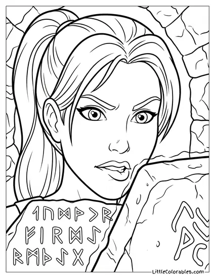 Close-up Face of Lara Croft Biting Her Lip in Concentration While Deciphering Ancient Glowing Runes Coloring Page