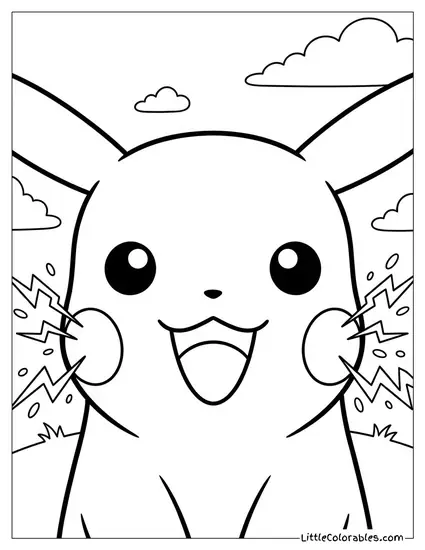 Close-up Face of Pikachu with Cheeks Sparking in Pure Excitement and a Wide Smile Coloring Page