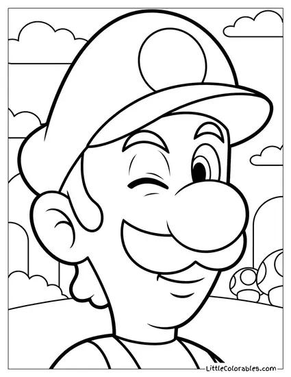 Close Up Luigi Winking Playfully Smirk Coloring Page