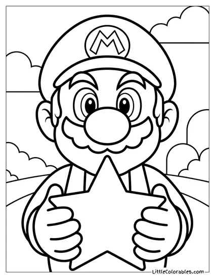 Close Up Mario Holding Star Coloring Page