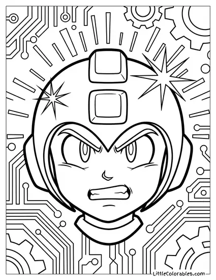 Close-up of Mega Man's Determined Face as His Futuristic Helmet Lights Up Coloring Page