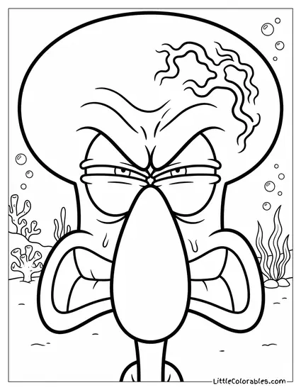 Close Up of Squidward Glaring Furiously Coloring Page