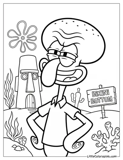 Close Up of Squidward Looking Incredibly Smug Coloring Page