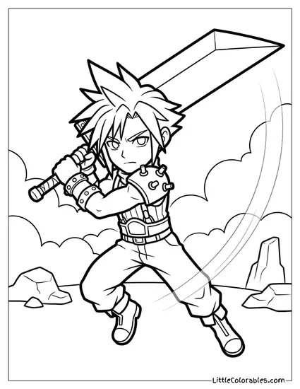 Cloud Strife in an Action Pose Swinging His Colossal Buster Sword with Intense Focus Coloring Page