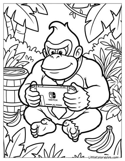 Donkey Kong Playing a Nintendo Switch Coloring Page