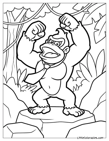 Donkey Kong Raising Both Fists High While Pounding His Chest in a Massive Victory Roar Coloring Page