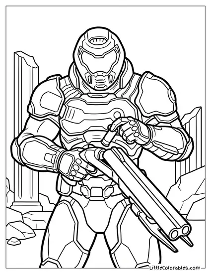 Doom Slayer Reloading His Super Shotgun with an Intimidating and Unstoppable Posture Coloring Page