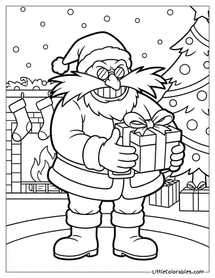 Dr Eggman Dressed as Santa Claus Holding a Present Coloring Page