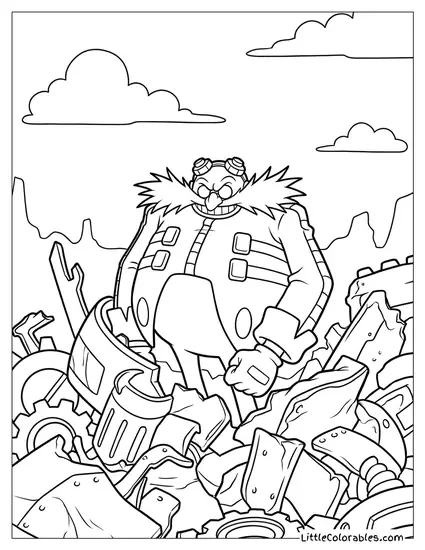 Dr Eggman Emerging from a Wrecked Robot Coloring Page