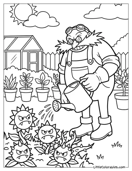 Dr Eggman Gardening and Watering Evil Plants Coloring Page