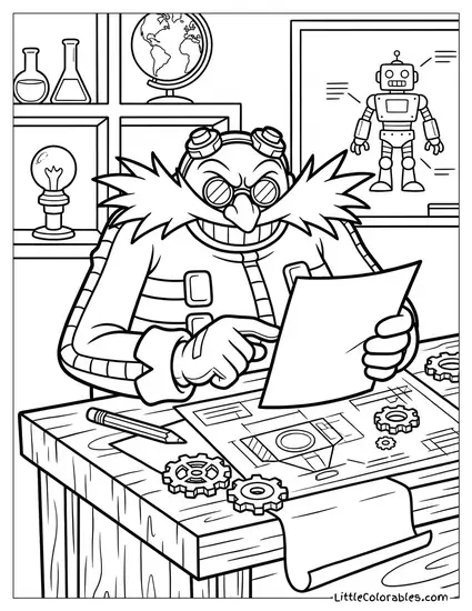 Dr Eggman Plotting a Scheme at a Desk Coloring Page