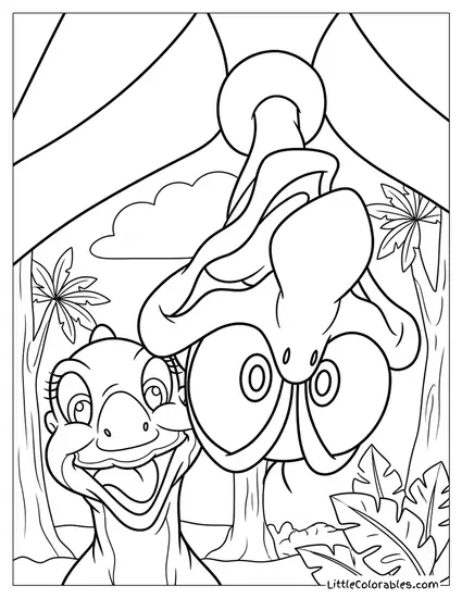 Ducky and Petrie Hanging Upside Down From Tree Coloring Page