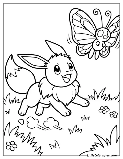 Eevee Chasing a Butterfly Coloring Page