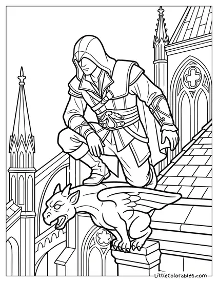Ezio Auditore Crouching Gracefully on a Gothic Cathedral Rooftop Gargoyle Coloring Page