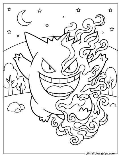 Gengar Breathing Fire Under the Moon Coloring Page