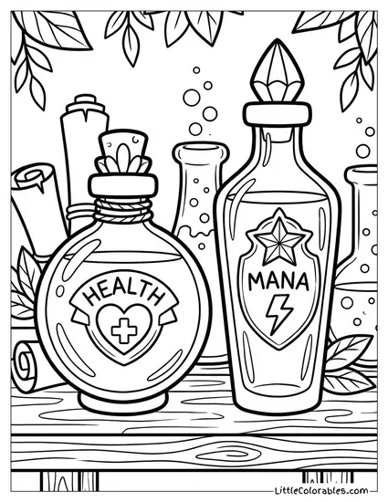 Health Potion Bottle and Mana Potion Bottle Coloring Page