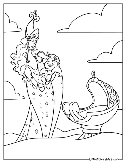 Hera Holding Baby Hercules Next to a Cradle Coloring Page