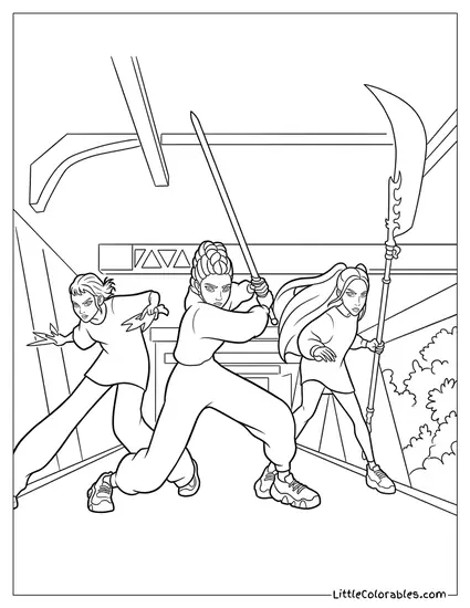Huntrix Band Action Scene with Swords Coloring Page