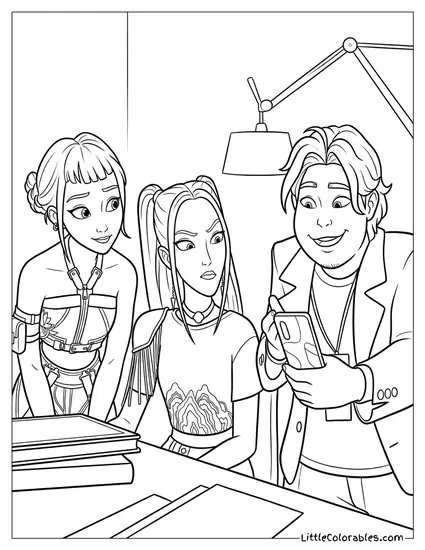 Huntrix Band Brainstorming Ideas at a Desk Coloring Page