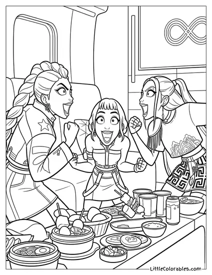 Huntrix Band Cheering Wildly at Dinner Table Coloring Page