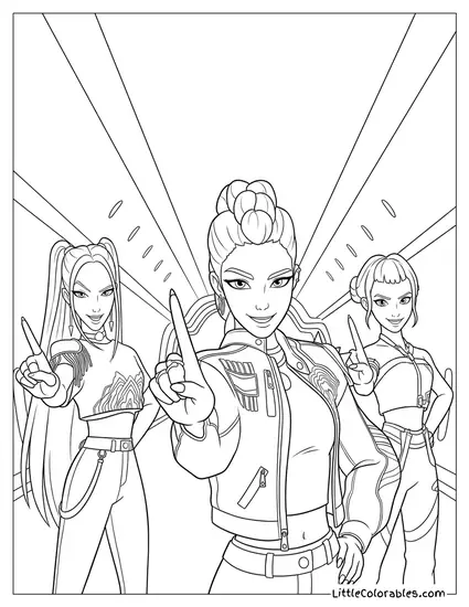 Huntrix Band Flashing Stop Signs Under Lights Coloring Page