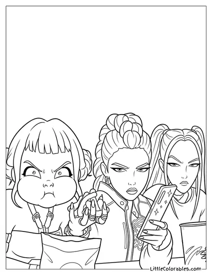 Huntrix Band Looking with Annoyed Face Coloring Page