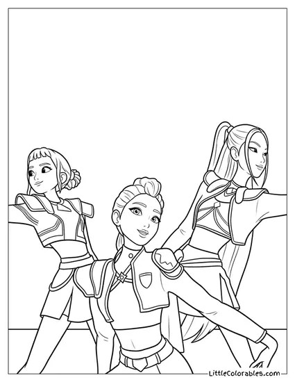 Huntrix Band Performing an Action Dance Routine Coloring Page