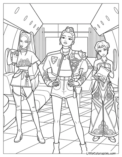 Huntrix Band Posing Inside a Plane Coloring Page