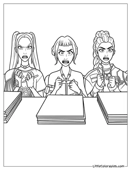 Huntrix Band Sitting at Judges Table Together Coloring Page