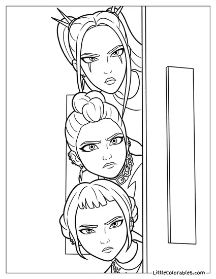 Huntrix Characters Peeking From a Door Coloring Page
